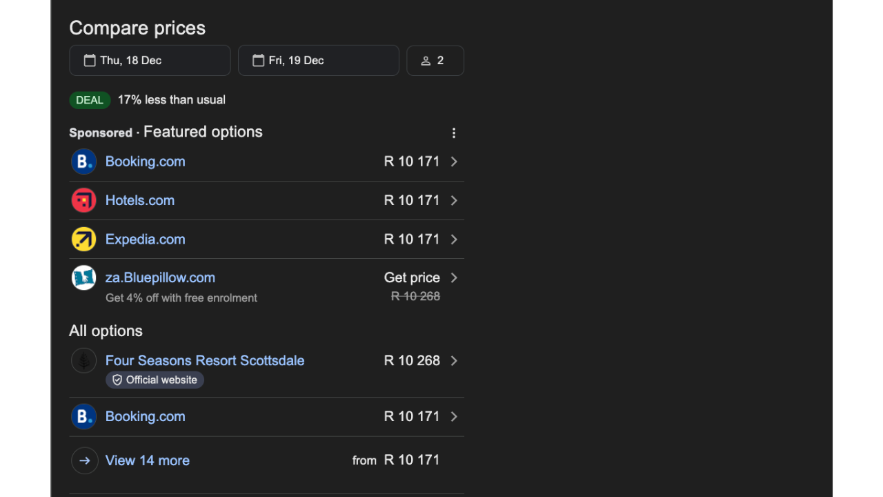 Example of competitive pricing among OTAs
