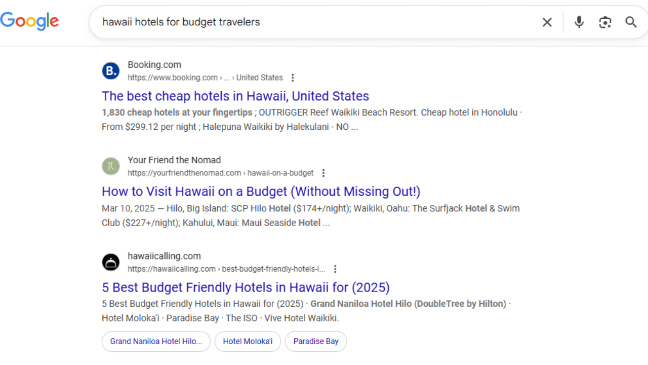 screenshot of search results for hawaii hotels for budget travellers