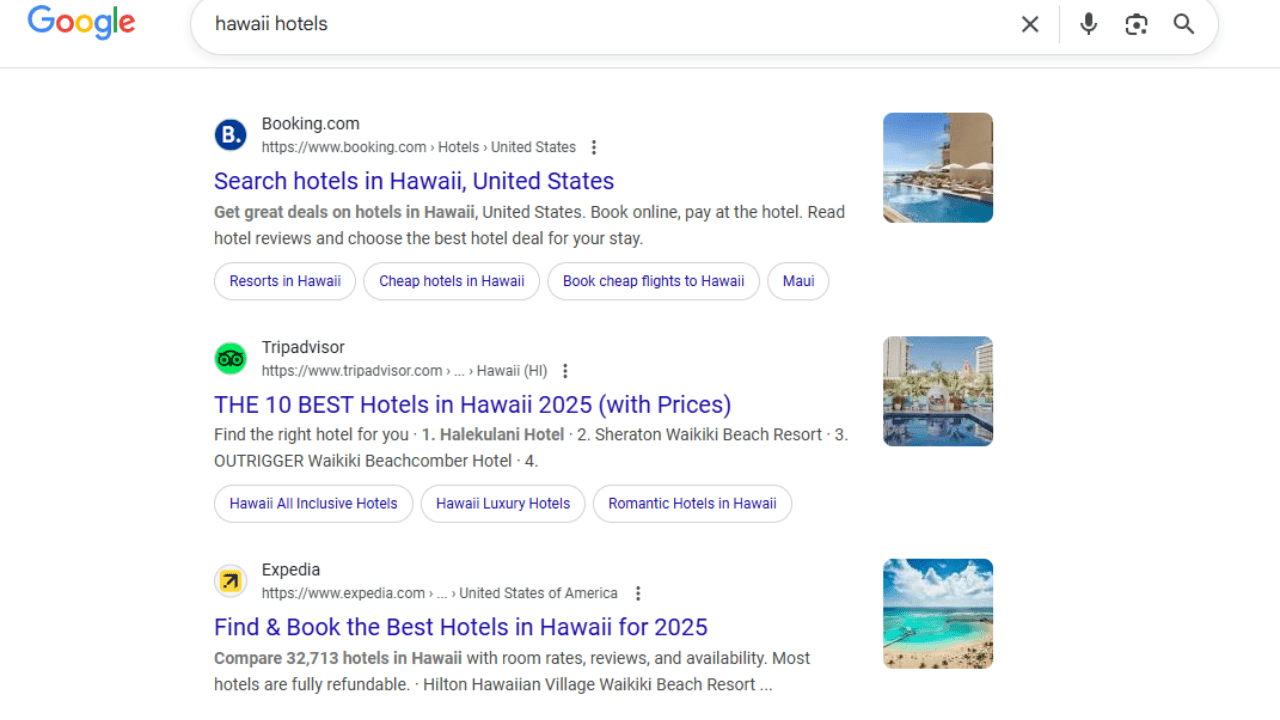screenshot of search results about hawaii hotels