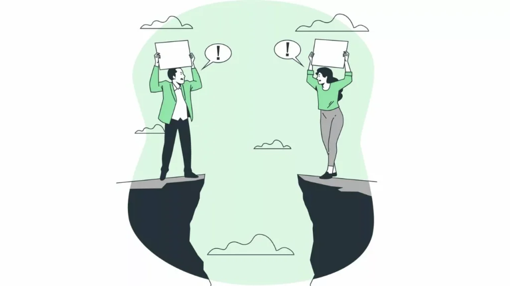 illustration of two people on separated cliffs holding signs