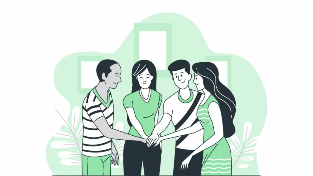 illustration of four people joining their hands together, depicting a team
