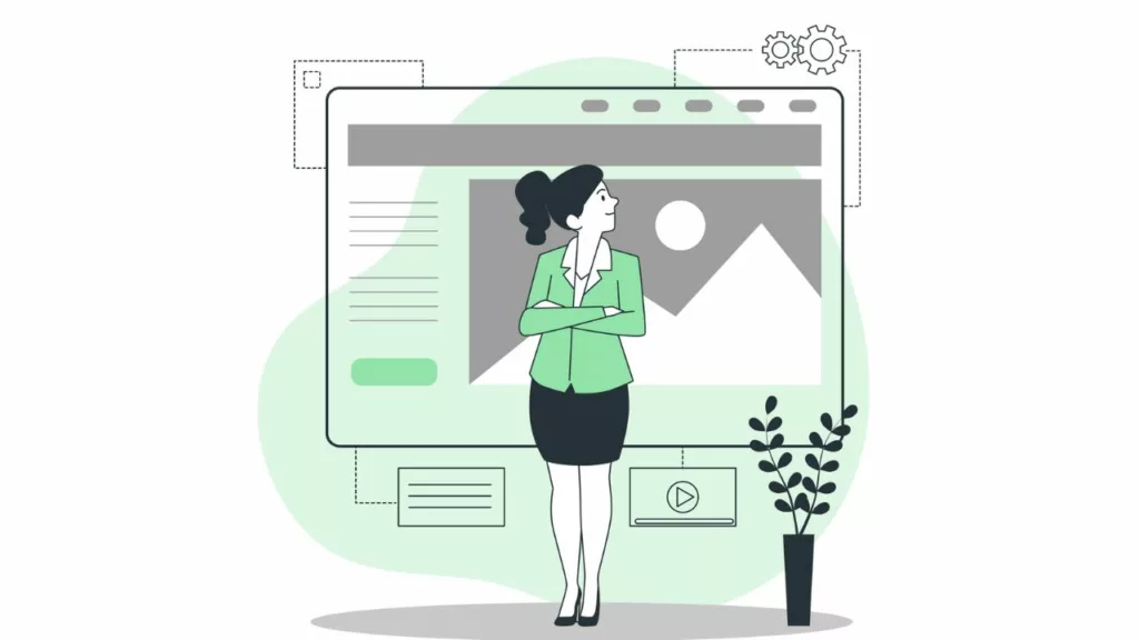 illustration of a woman standing in front of a website tab