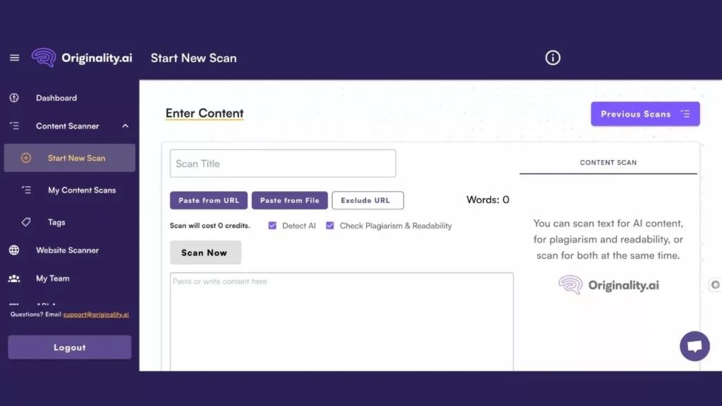 screenshot of Originality AI detection tool