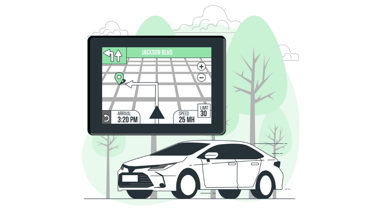 Image of a car outdoors and close-up of GPS navigation.