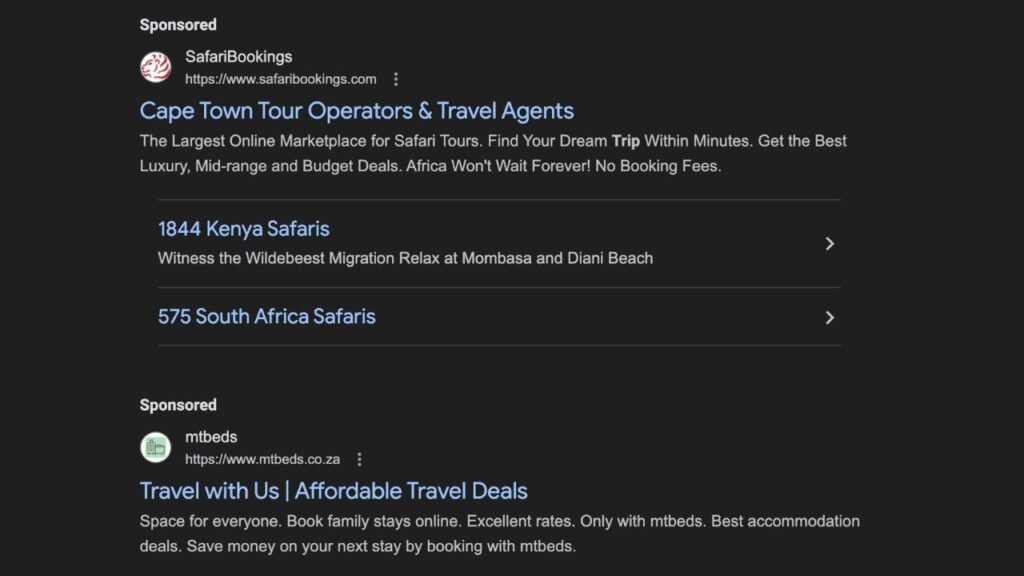 example of good search ads for travel agencies