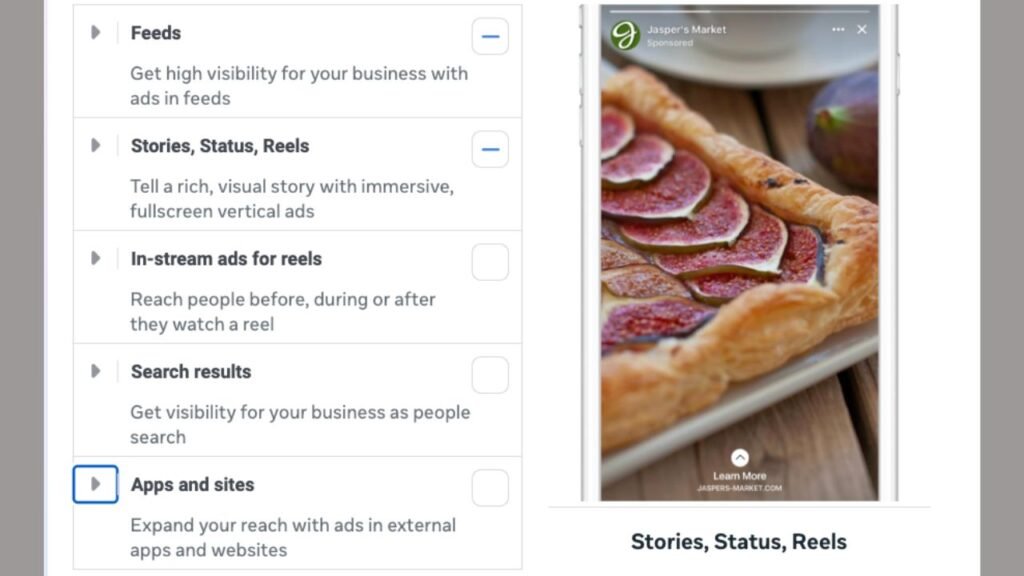 example of various placement options for meta ads
