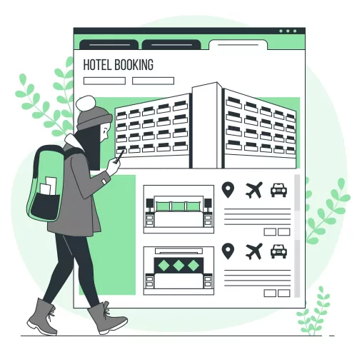 Image of woman walking and using phone to make a booking.
